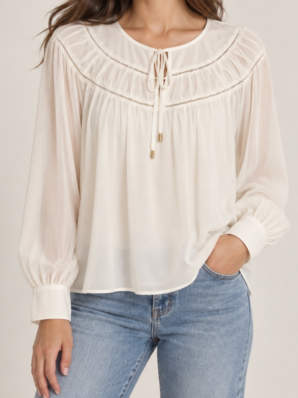 NWT Ann Taylor Eyelet Long Puff Sleeve Peasant Blouse Boho Cream Medium